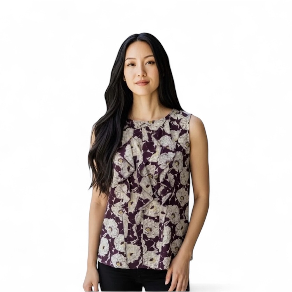 Lands End 100% Silk Sleeveless Burgundy Base Floral Top Sz 10 Ruffle Front